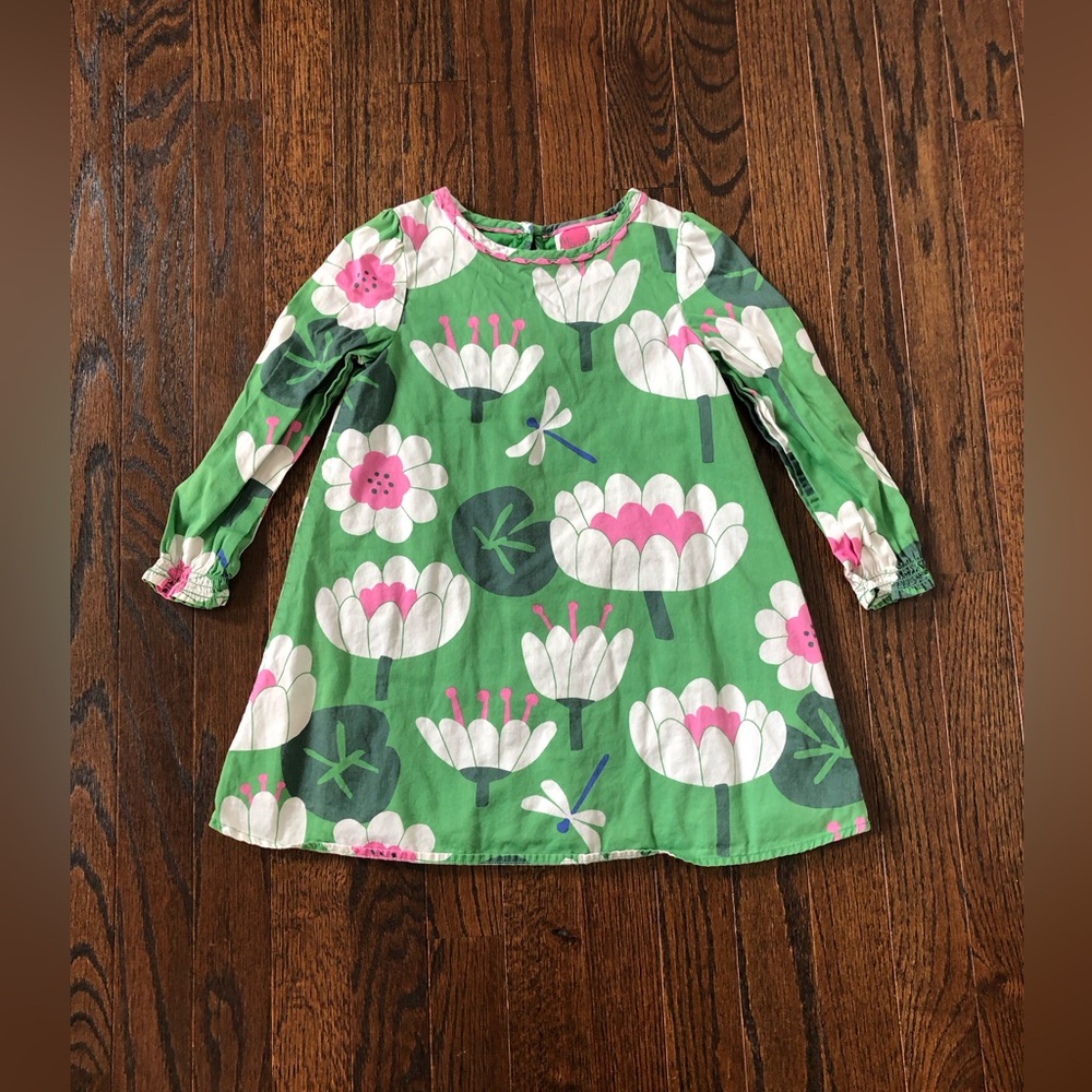 Mini Boden Girls 3-4Y Green Floral Long-Sleeved Lined A-Line Cotton Dress - EUC!